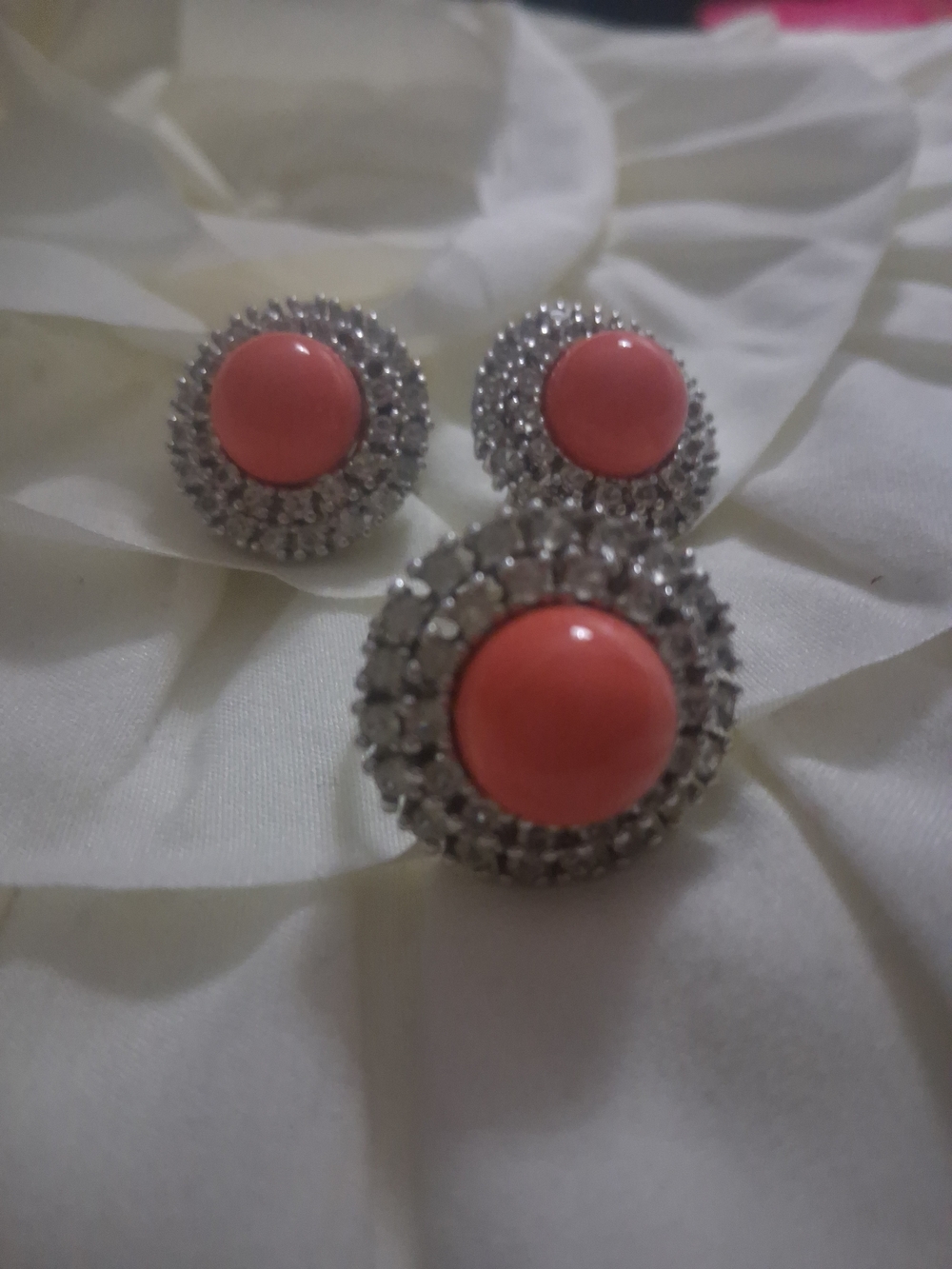 Silver Crystal Coral Pink Round Stud Earrings and Ring Set Vtg Spain